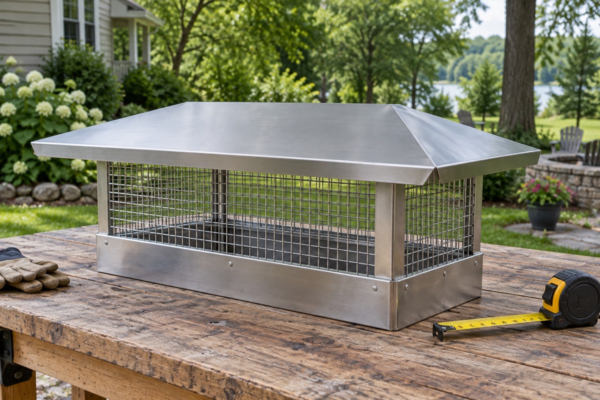 Stainless steel chimney rain cap on a workbench beside a tape measure