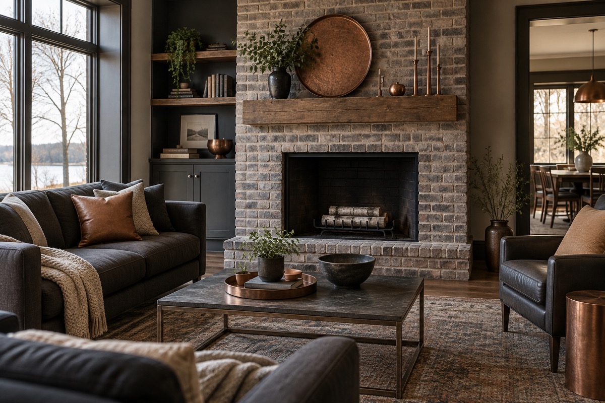 Unlit brick fireplace in a sunlit residential living room