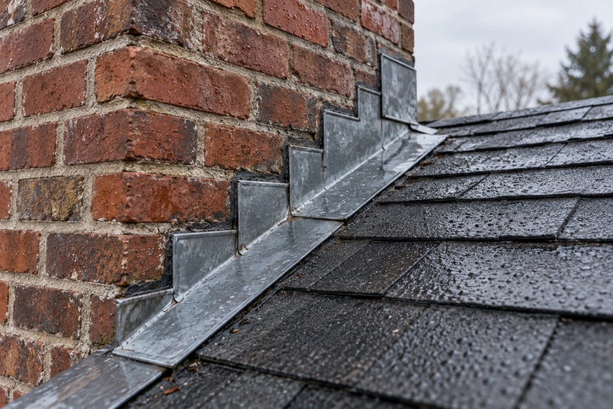 Metal flashing at the junction of a brick chimney and shingle roof after rain
