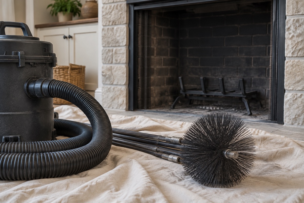 Chimney cleaning equipment on a protective cloth beside an unlit fireplace